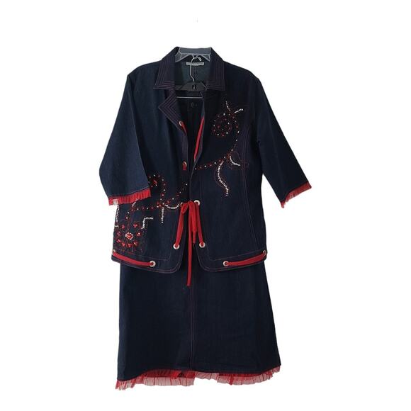 Molato Blue Dark Wash Denim Red Trim Bling Jacket Maxi Skirt Suit Set Medium - Picture 1 of 9